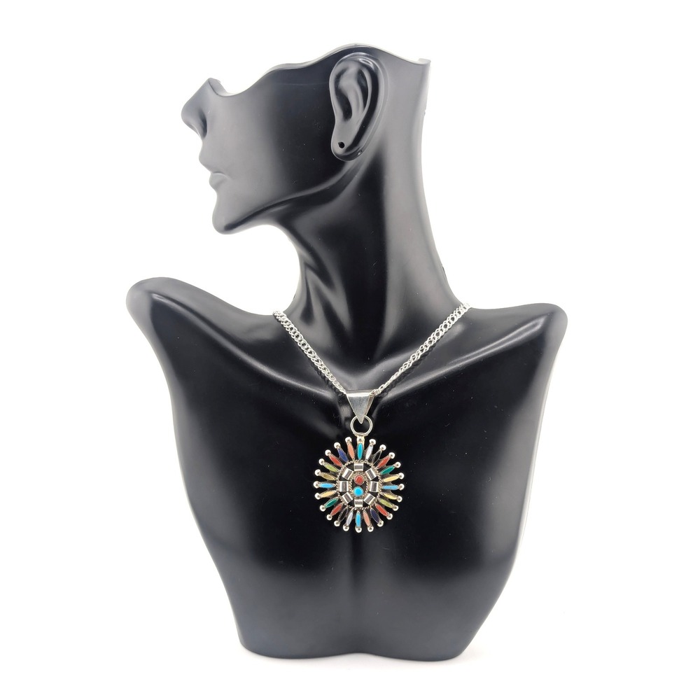 Handmade Zuni Petite Needlepoint Multi-Stone Sunburst Cluster Pendant Necklace**